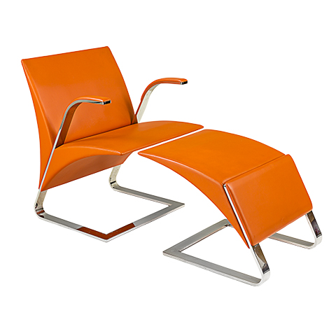 Orange leather and stainless steel chair and ottoman designed by Ricardo Antonio for Poltrona Frau