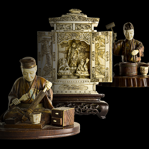 Japanese Meiji Period Wood and Ivory Carvings and Travelling Buddhist Shrine